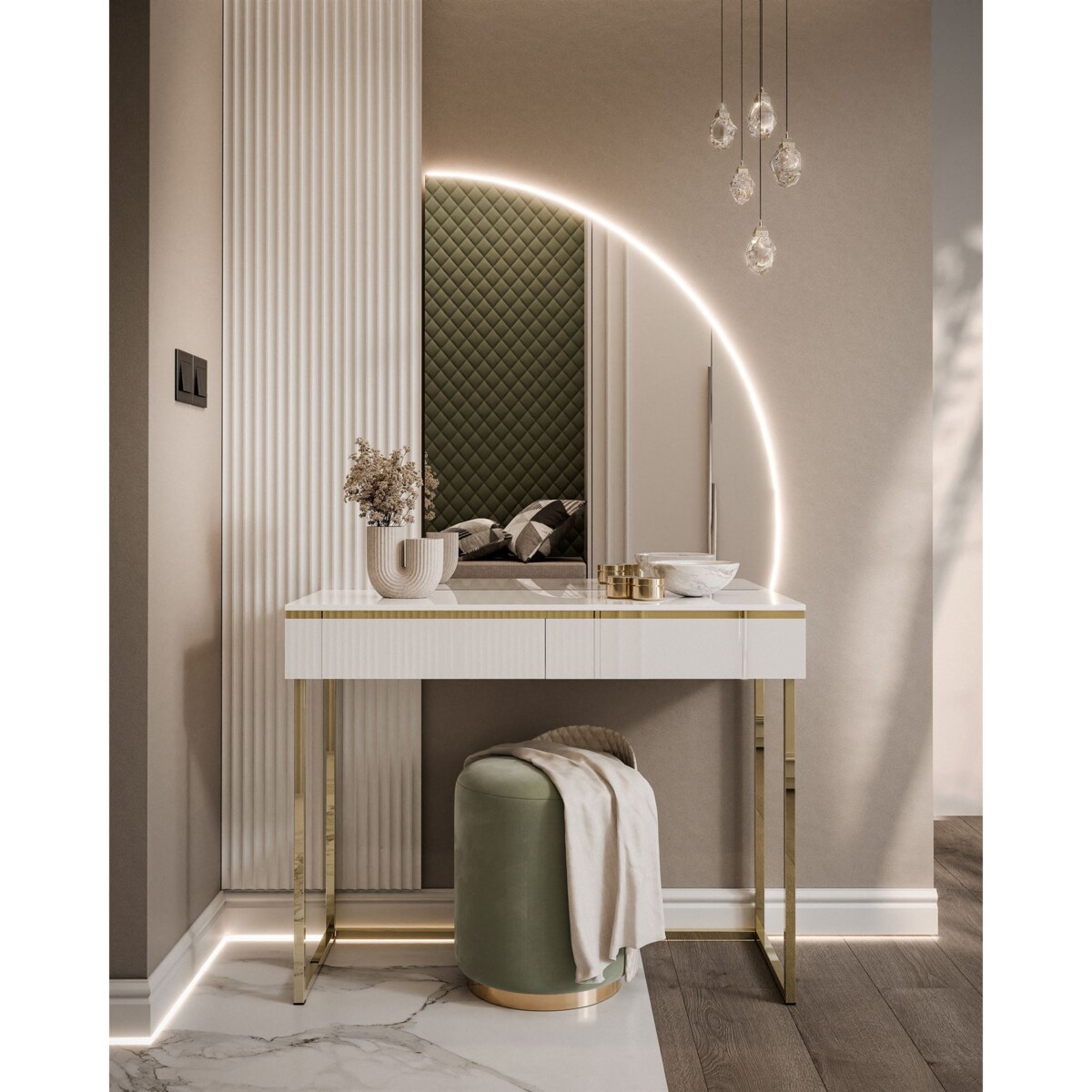 Toaletka AURORA-Q biały połysk na złotym stelażu prawe