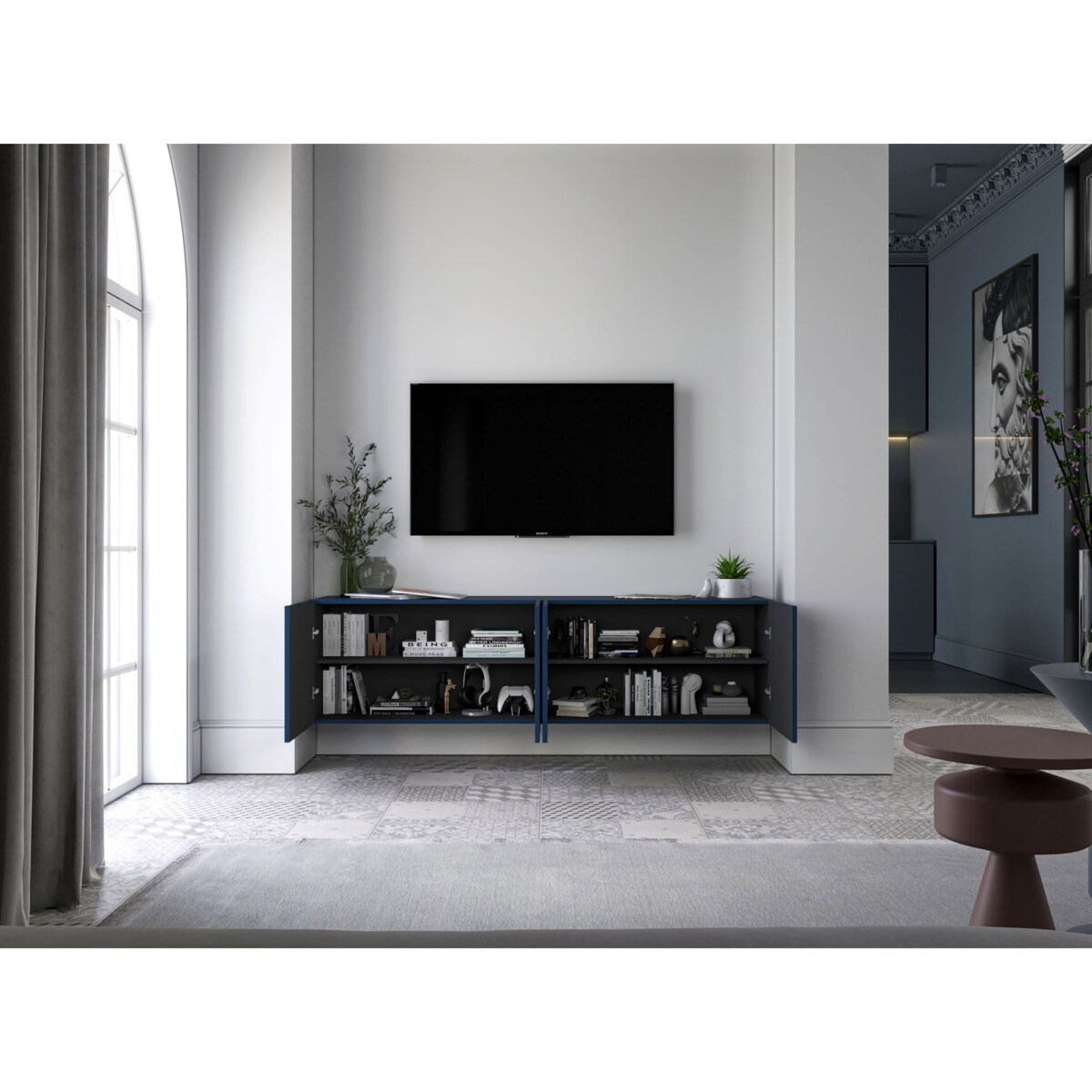 Nowoczesna Wisząca Szafka RTV Glamour Komoda RTV Granatowy Mat 300 cm