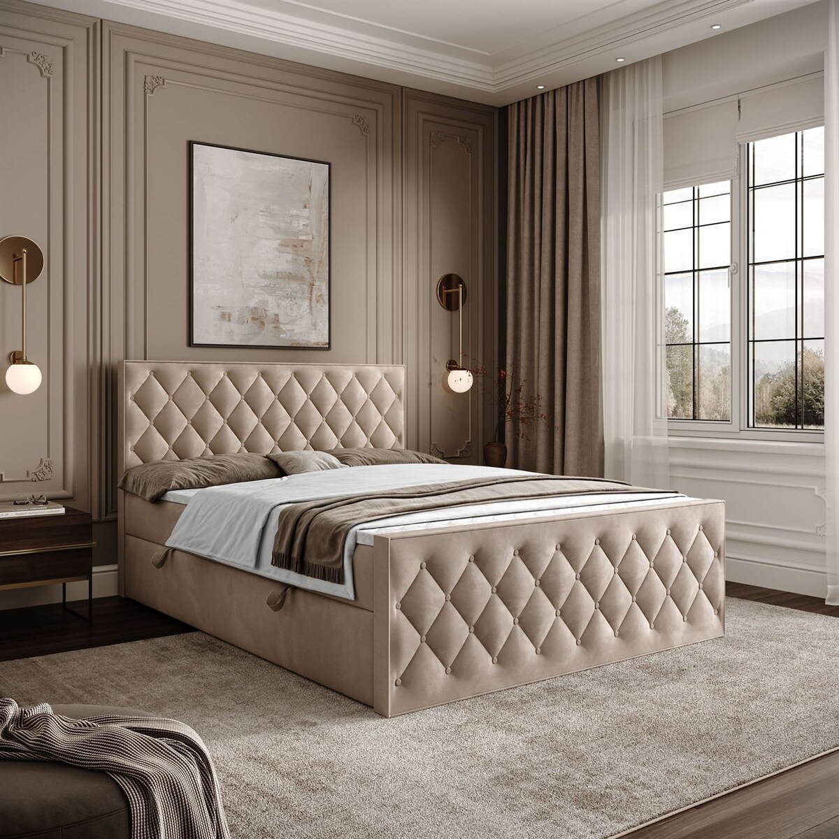 Łóżko kontynentalne INEZ II, pojemnik na pościel, 140x200, Royal Velvet 170, topper