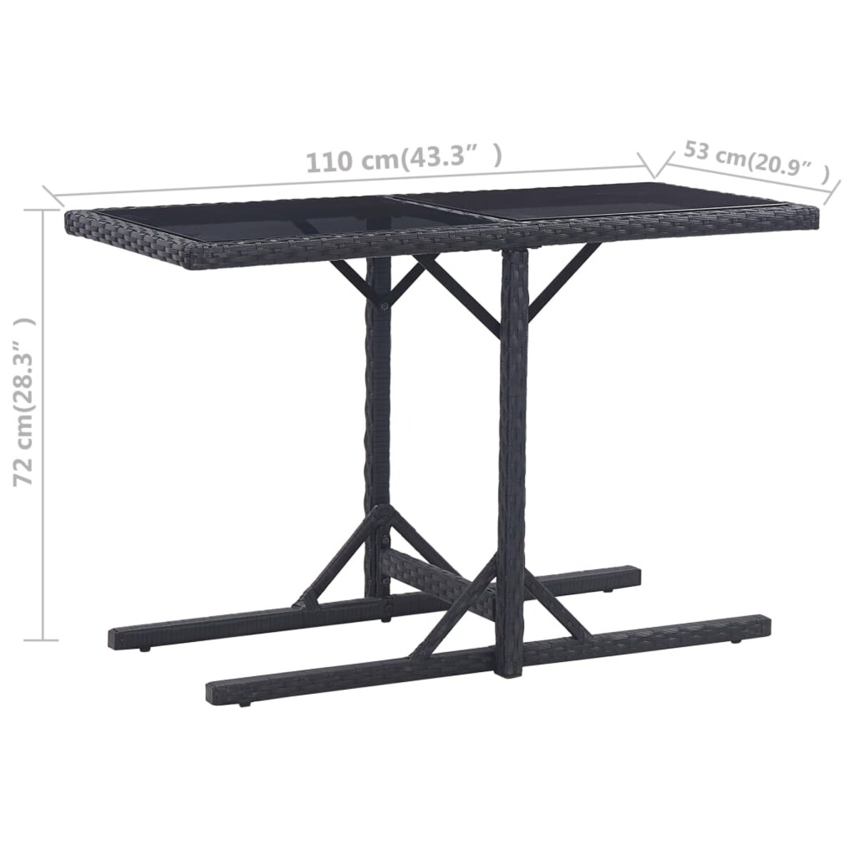 vidaXL Stół ogrodowy, czarny, 110 x 53 x 72 cm, szkło i polirattan