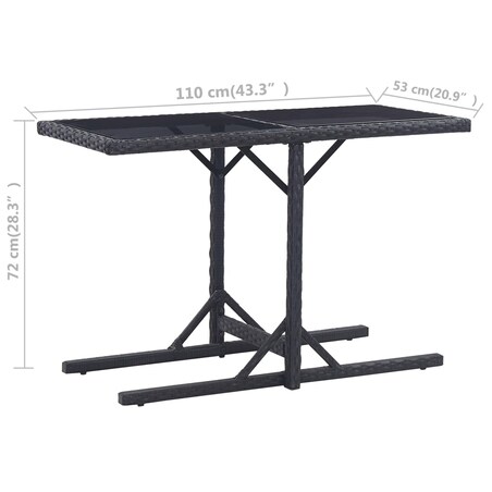vidaXL Stół ogrodowy, czarny, 110 x 53 x 72 cm, szkło i polirattan