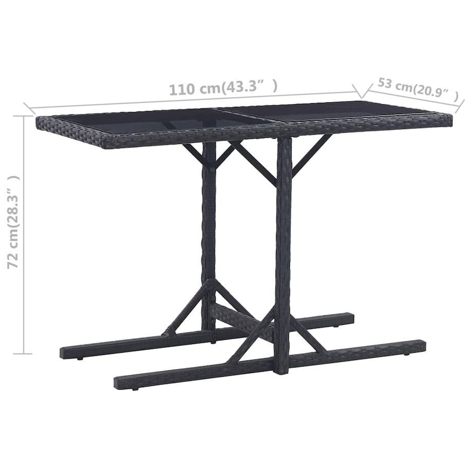 vidaXL Stół ogrodowy, czarny, 110 x 53 x 72 cm, szkło i polirattan