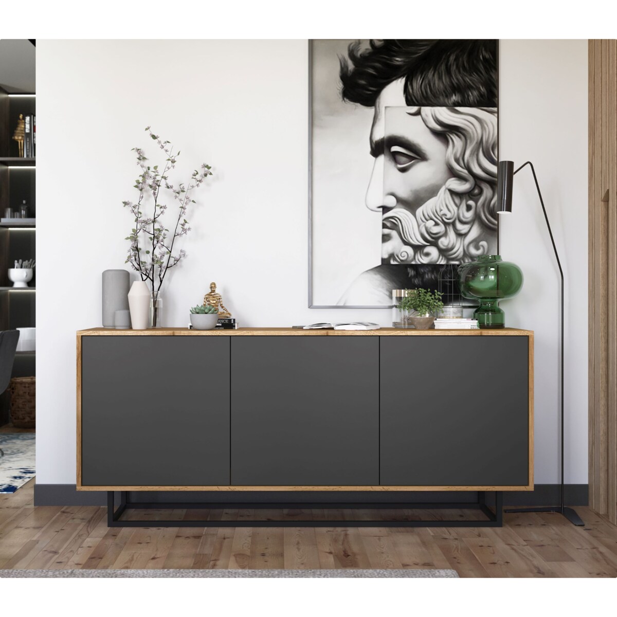 Komoda Loft Szafka RTV Industrialna Dąb Wotan Grafit MAT 168 cm