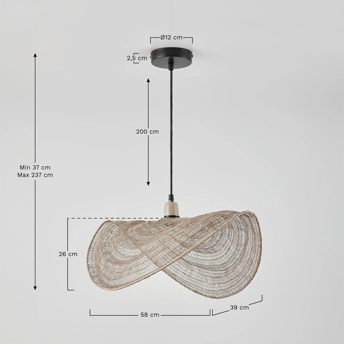 Lampa wisząca z drucianej siatki Garaine 58 cm, czarna