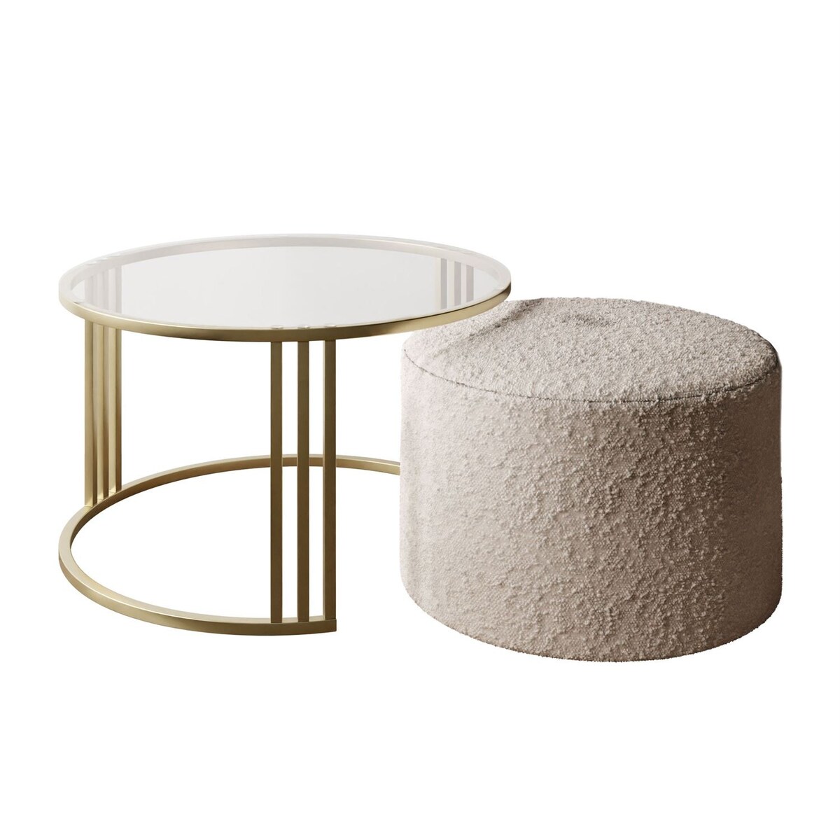 Stolik kawowy z pufą LORI GLASS złoto szczotkowane, przezroczyste szkło / Coral 50