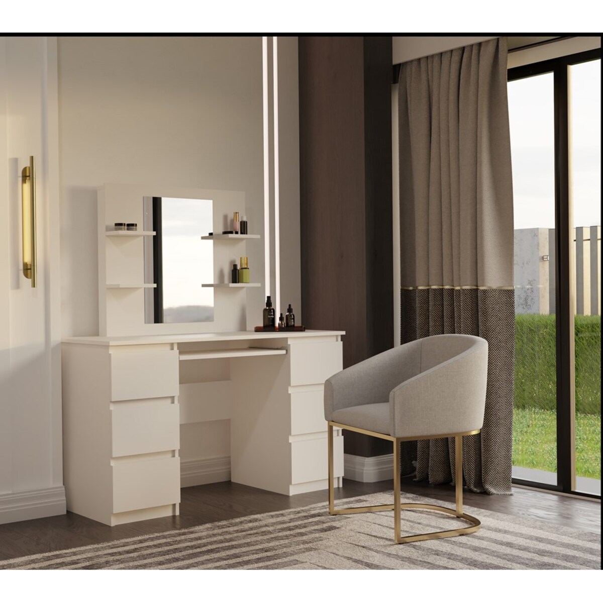 Toaletka Kosmetyczna Z Lustrem Do Makijażu Zestaw MARINA 4P + KUBA Biurko KASZMIR