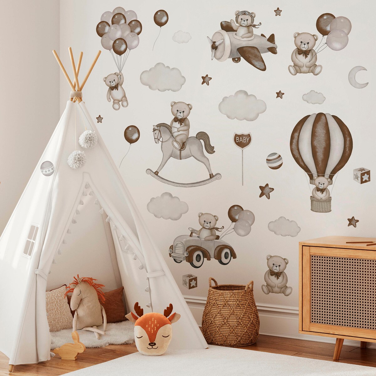 Naklejki Na Ścianę Dla Dzieci Misie Gwiazdy Balonu Koń Na Biegunach Zestaw 120x60cm