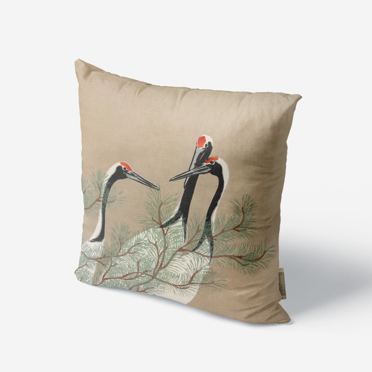 beżowa bawełniana poszewka na poduszkę - japońskie żurawie 45x45 cm