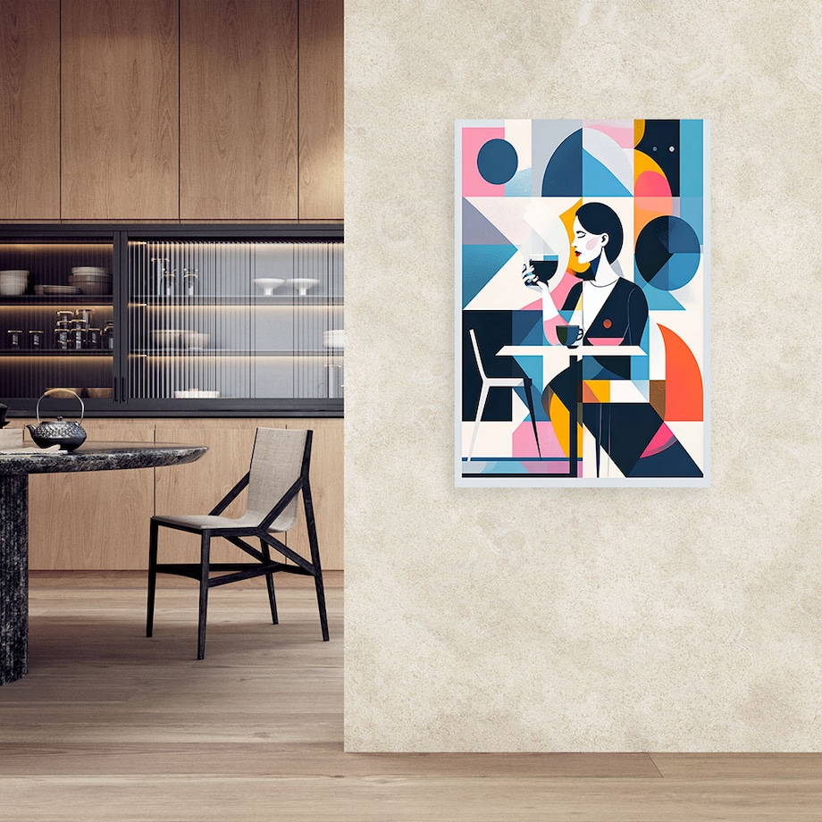 Obraz do salonu sypialni restauracji, Kobieta z kawą w stylu Bauhaus 80x120