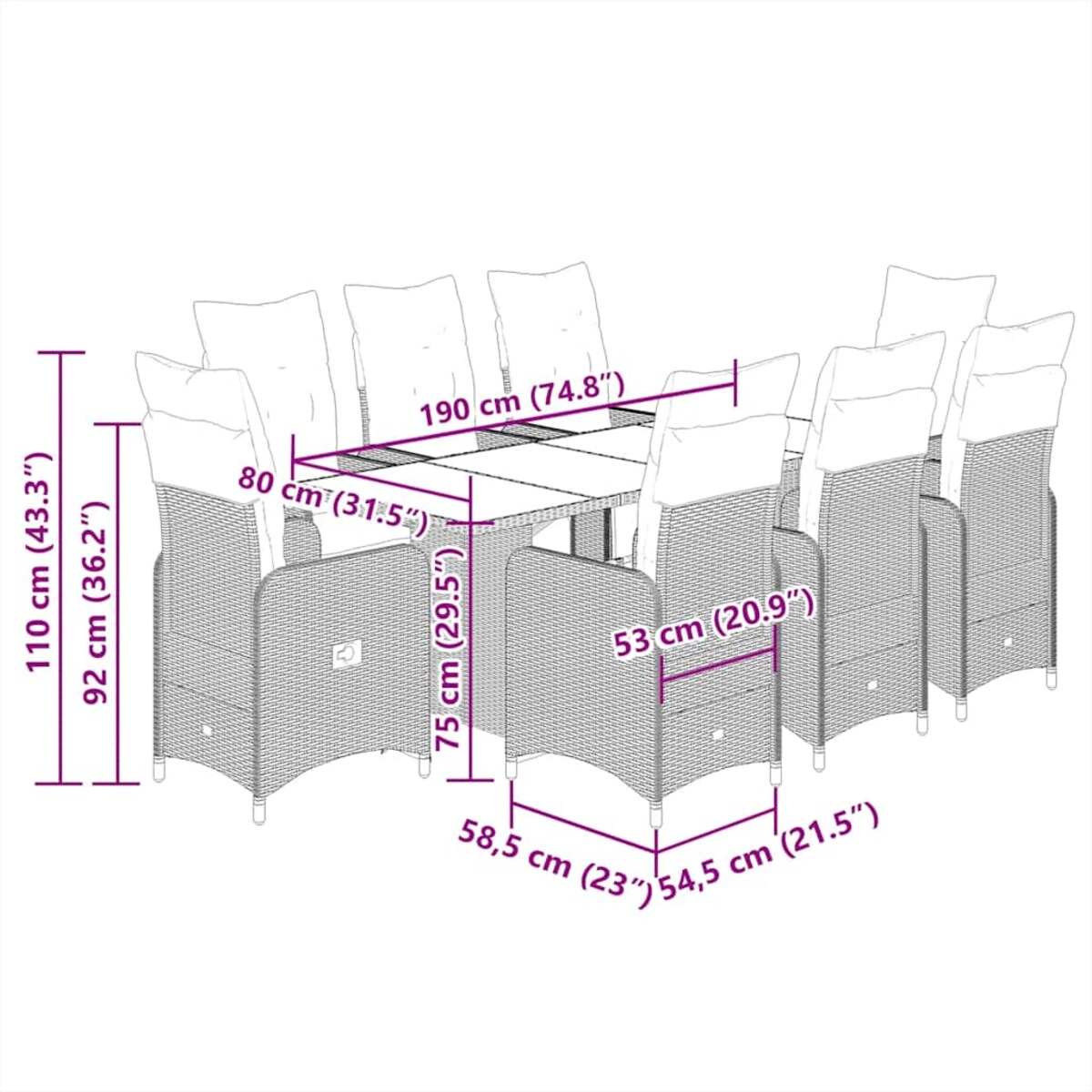 vidaXL 9-cz. zestaw mebli ogrodowych z poduszkami, szary, polirattan