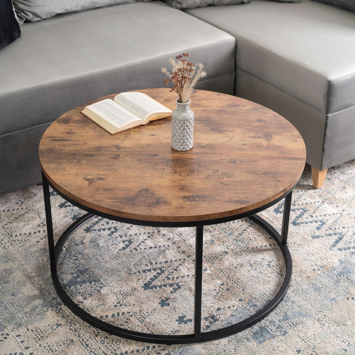 Stolik Kawowy Okrągły Loft Dąb Rustykalny Czarny TIM MAX