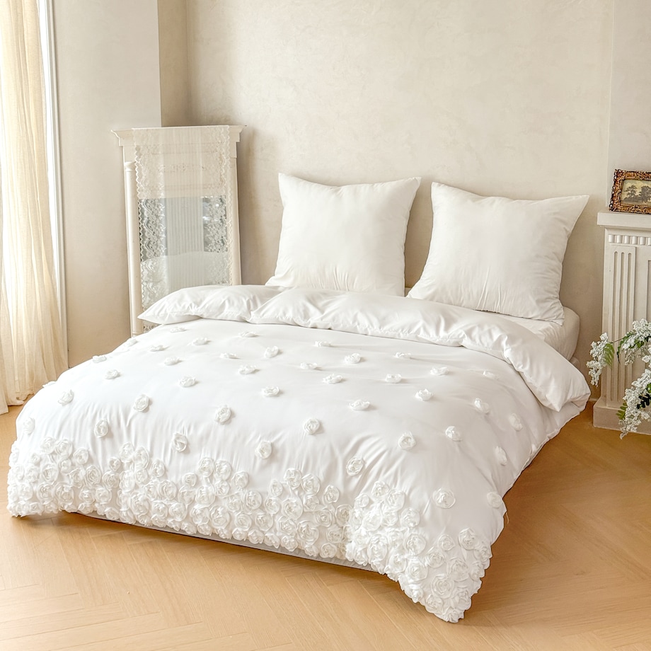 pościel "french roses" z aplikacją 3d róże wyszywane 200x220 | biały