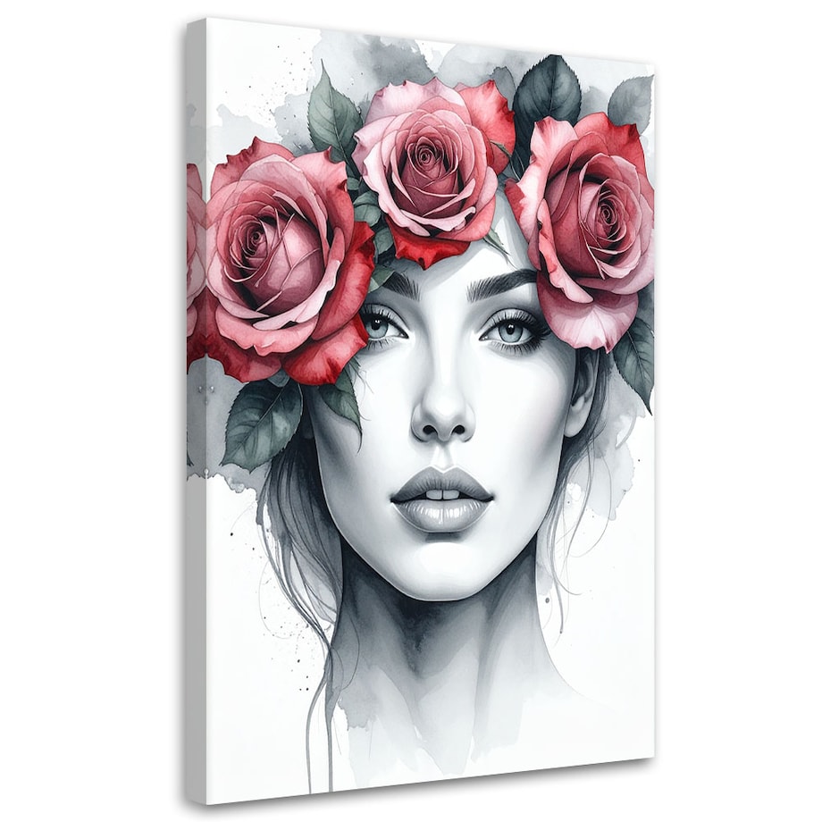 Obraz do salonu sypialni, Portret Kobieta z kwiatami róży na głowie 40x60