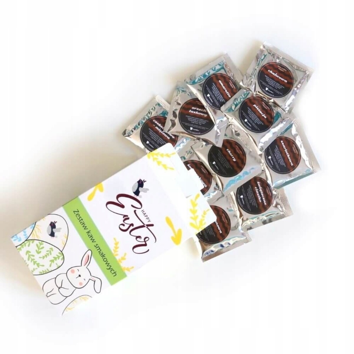 Zestaw kaw aromatyzowanych mielonych HAPPY EASTER mix 10 smaków - prezent upominek box paczka na Wielkanoc Zajączka dla kobiety faceta