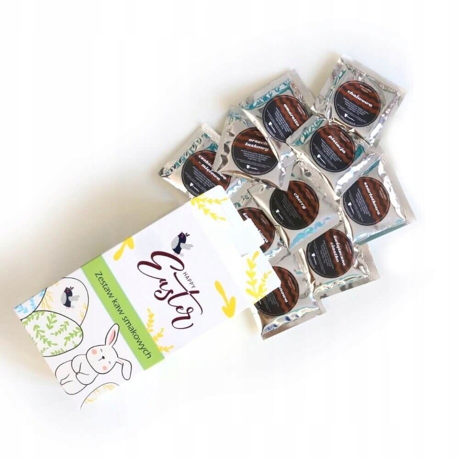 Zestaw kaw aromatyzowanych mielonych HAPPY EASTER mix 10 smaków - prezent upominek box paczka na Wielkanoc Zajączka dla kobiety faceta