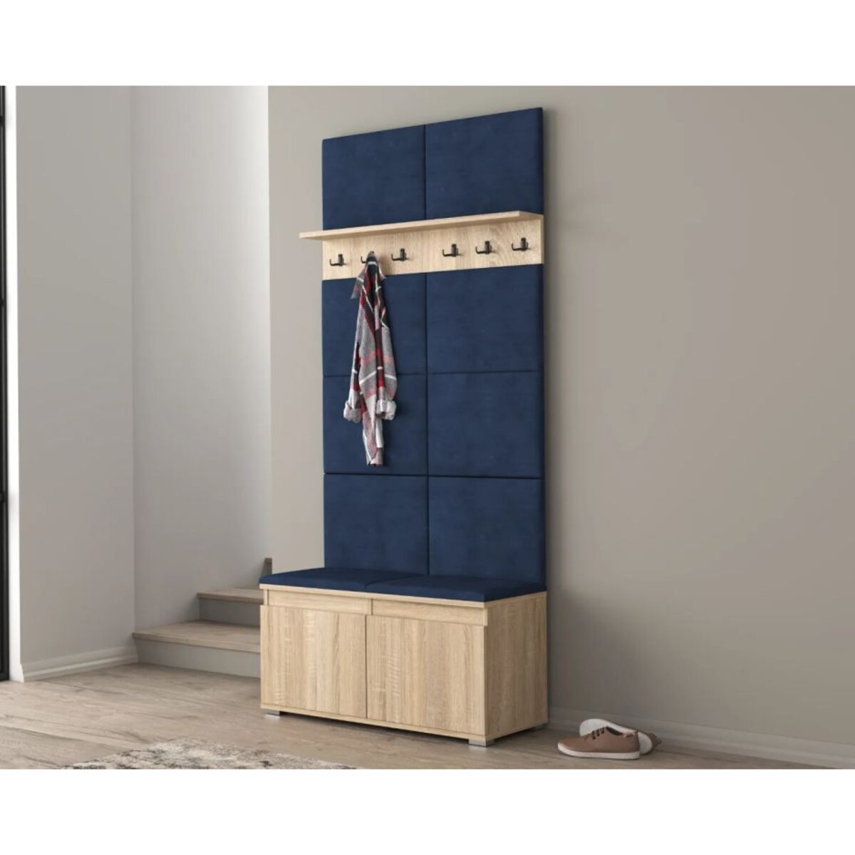 Szafka na buty z siedziskiem i wieszakiem SINGAPUR 100 dąb sonoma/granatowa
