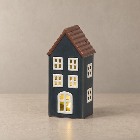 Lampion ceramiczny domek COPENHAGEN z oświetleniem LED, 6,5 x 8 x 17 cm, na baterie, kolor granatowy