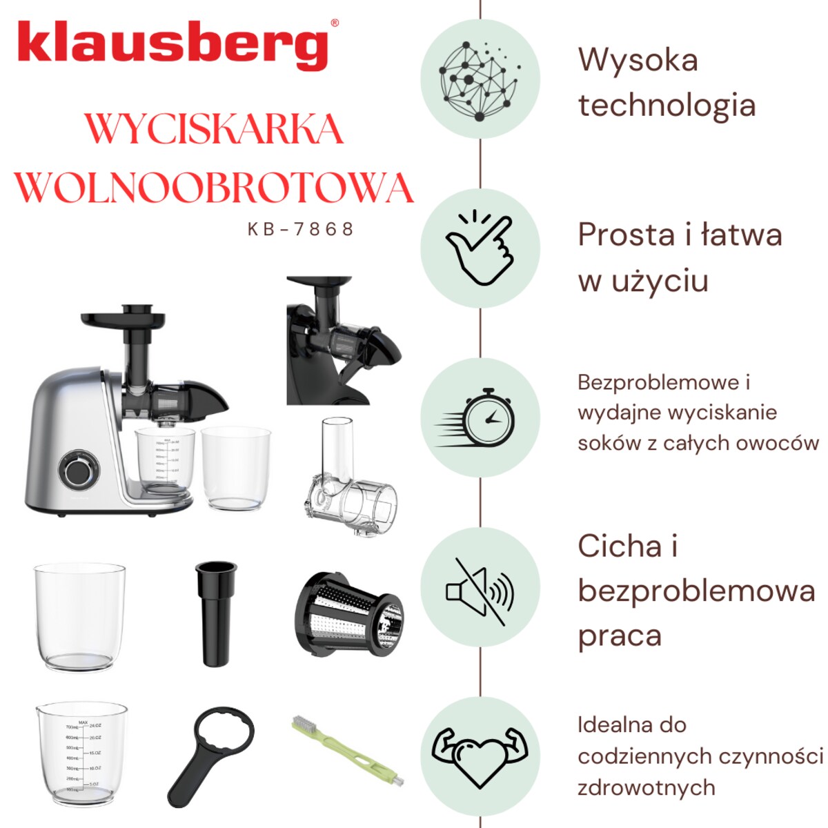 Sokowirówka wolnoobrotowa 150W do owoców i warzyw COLD PRESS KLAUSBERG KB-7868
