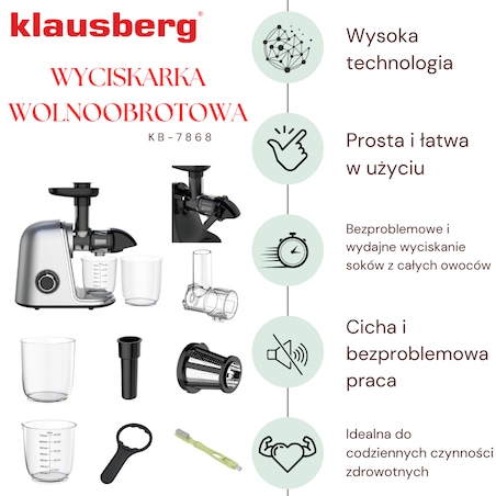 Sokowirówka wolnoobrotowa 150W do owoców i warzyw COLD PRESS KLAUSBERG KB-7868