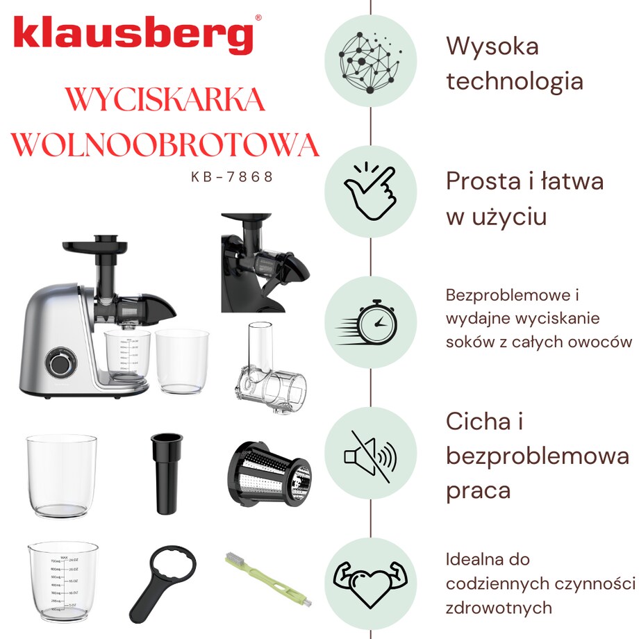 Sokowirówka wolnoobrotowa 150W do owoców i warzyw COLD PRESS KLAUSBERG KB-7868
