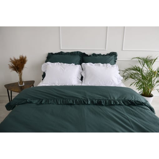 Pościel Bawełniana Z Falbanką Zestaw Komplet Do Sypialni Kołdra + 4 Poduszki 200X200 Butelkowa Zieleń Biel