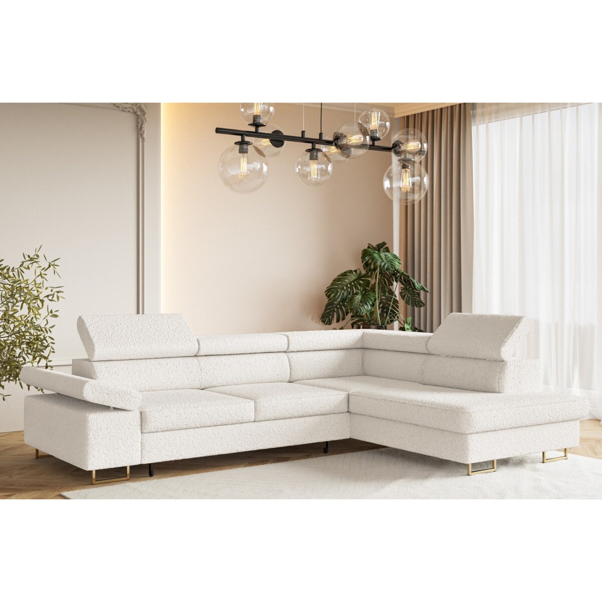 Narożnik ALEX z regulowanymi zagłówkami, prawostronny- tkanina boucle- ecru