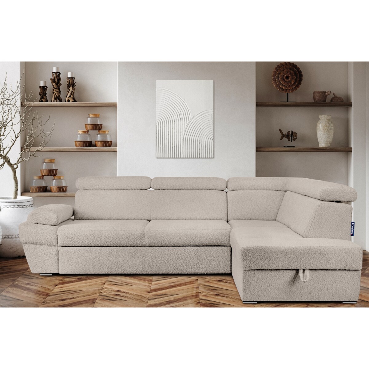 KONSIMO RATLO Narożnik rozkładany jagnięcy z pojemnikiem na pościel, jasny beż, prawy