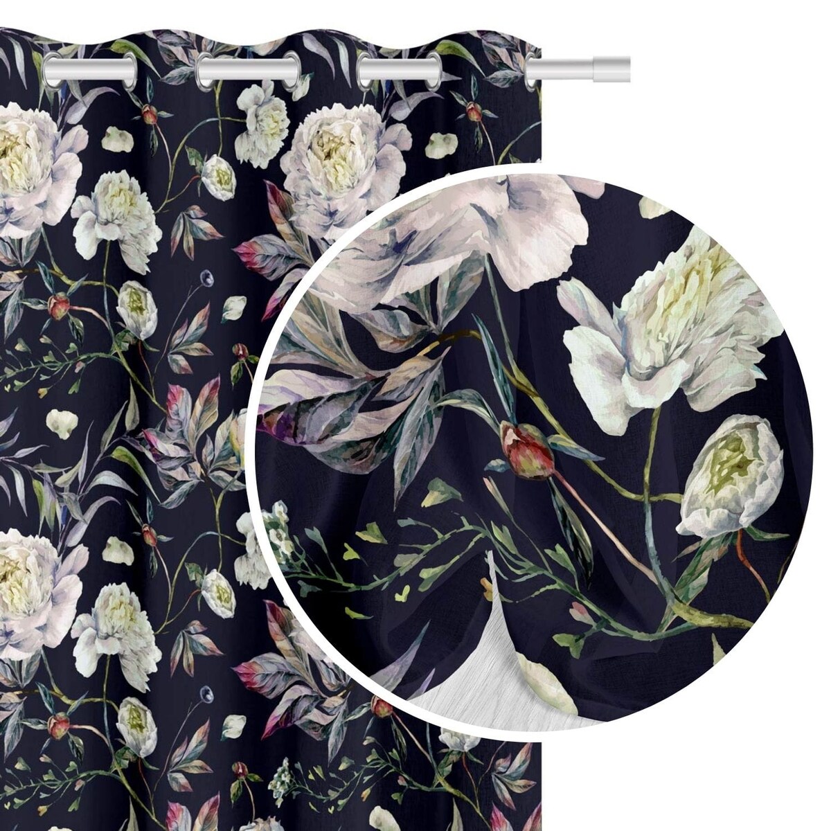 Czarna Zasłona do Salonu w Kwiaty 140 x 250