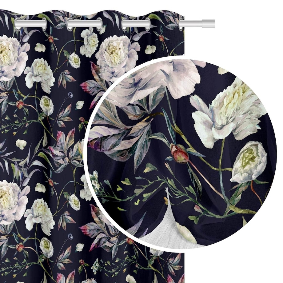 Czarna Zasłona do Salonu w Kwiaty 140 x 250