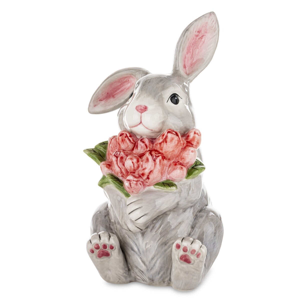 Dekoracja - króliczek z bukietem czerwonych tulipanów 23x12x13 cm