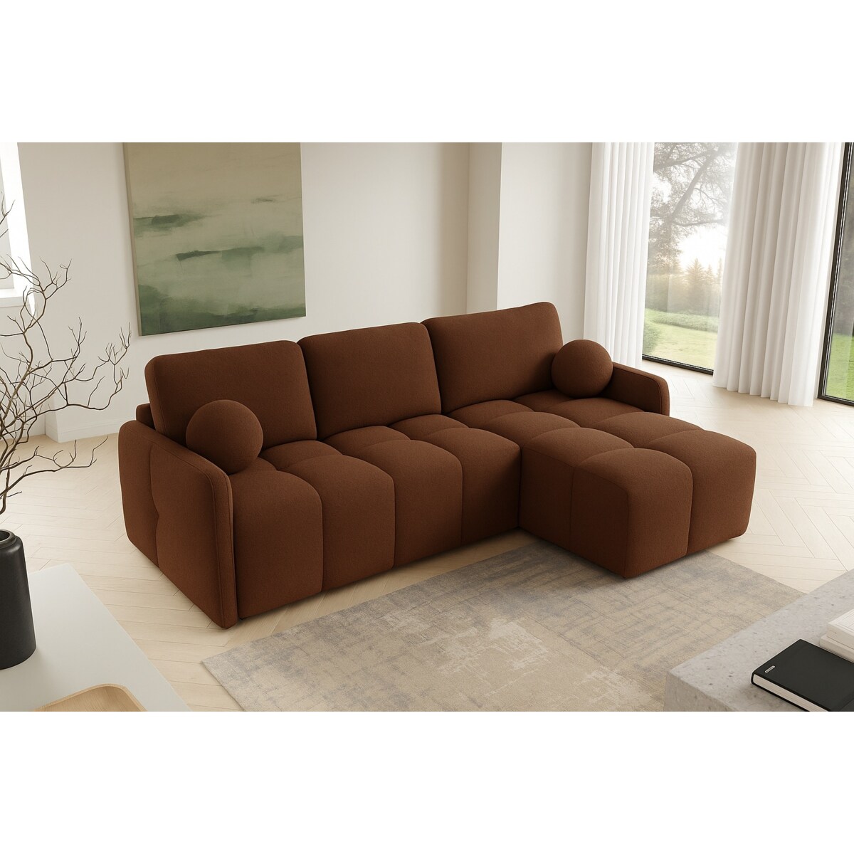 Narożnik MONO z funkcją spania i ozdobnymi poduszkami prawy, ceglasty