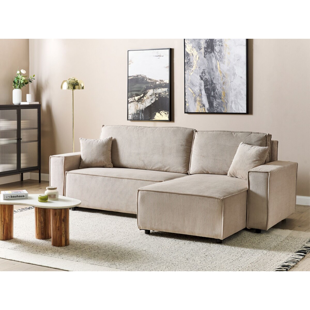 Narożnik lewostronny rozkładany sztruksowy beżowy ABACKA