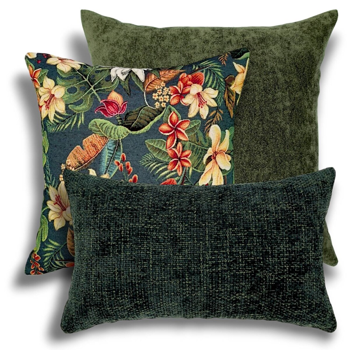 Ciemnozielony zestaw trzech poduszek dekoracyjnych - Kwiaty Lotosu