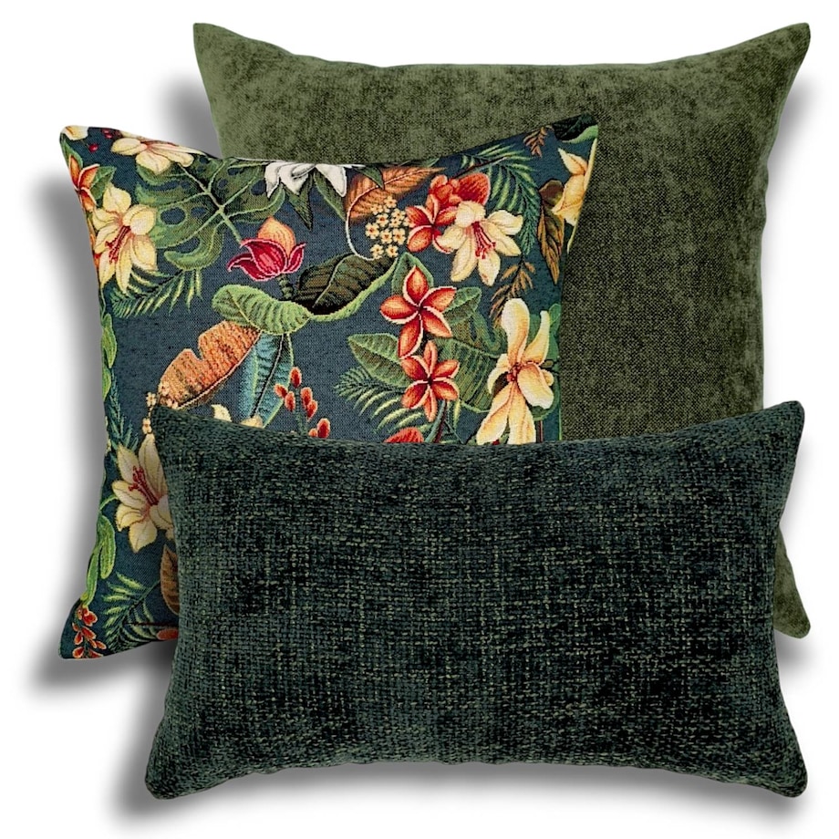 Ciemnozielony zestaw trzech poduszek dekoracyjnych - Kwiaty Lotosu