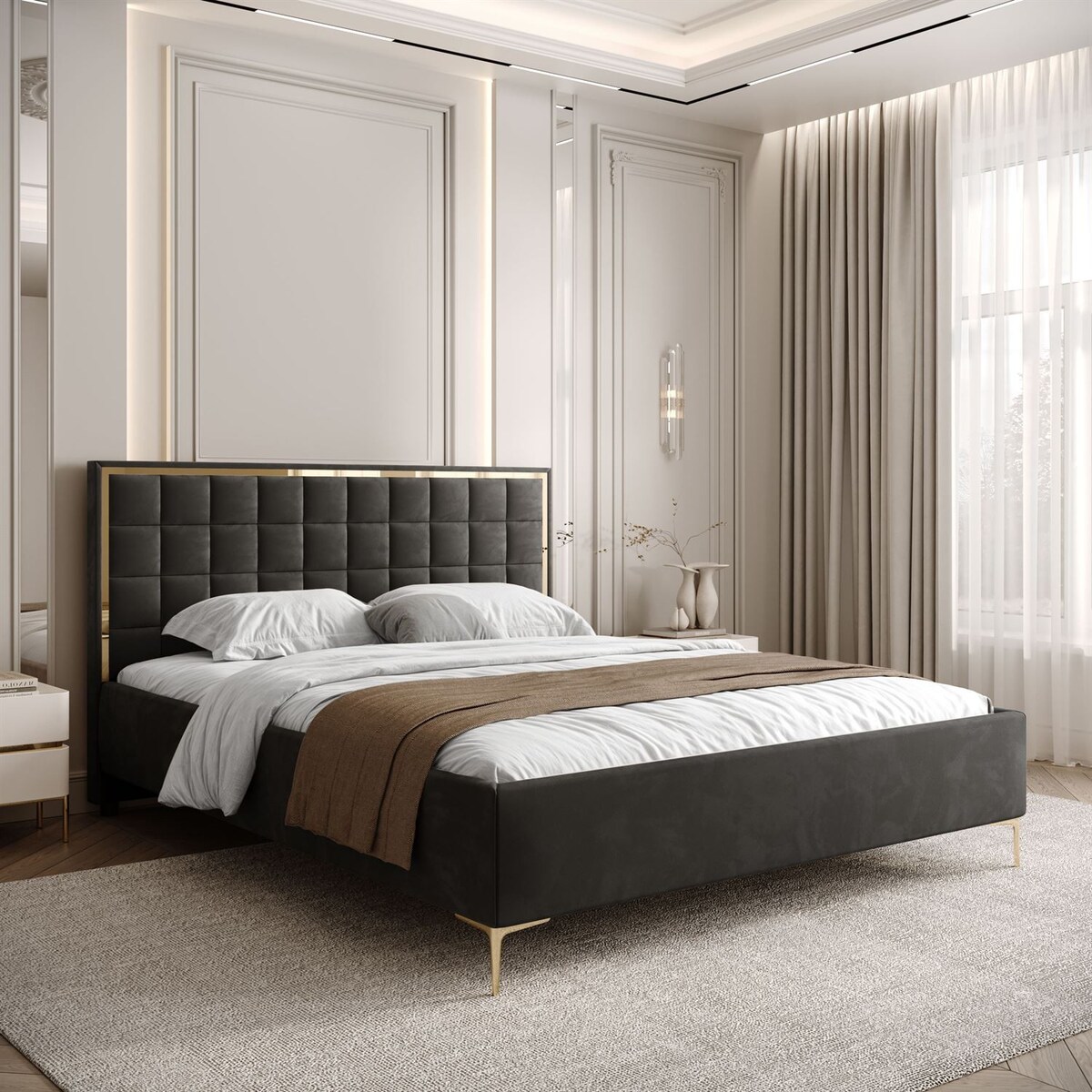 Łóżko tapicerowane ISADORA GOLD, pojemnik na pościel, stelaż 34, 180x200, RV 185