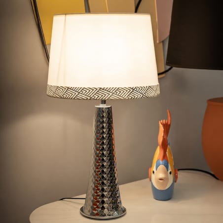 Lampa stołowa Tower, kolor srebrny i biały, żelazo i tkanina, 30 x 30 x 54 cm, 1 x E27, do salonu i sypialni, Mauro Ferretti