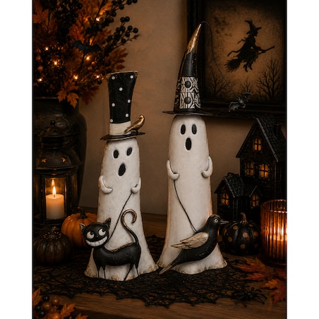 Dekoracja Halloween - Figurka metalowa biały duch 53x23x11 cm MULTO z kotem
