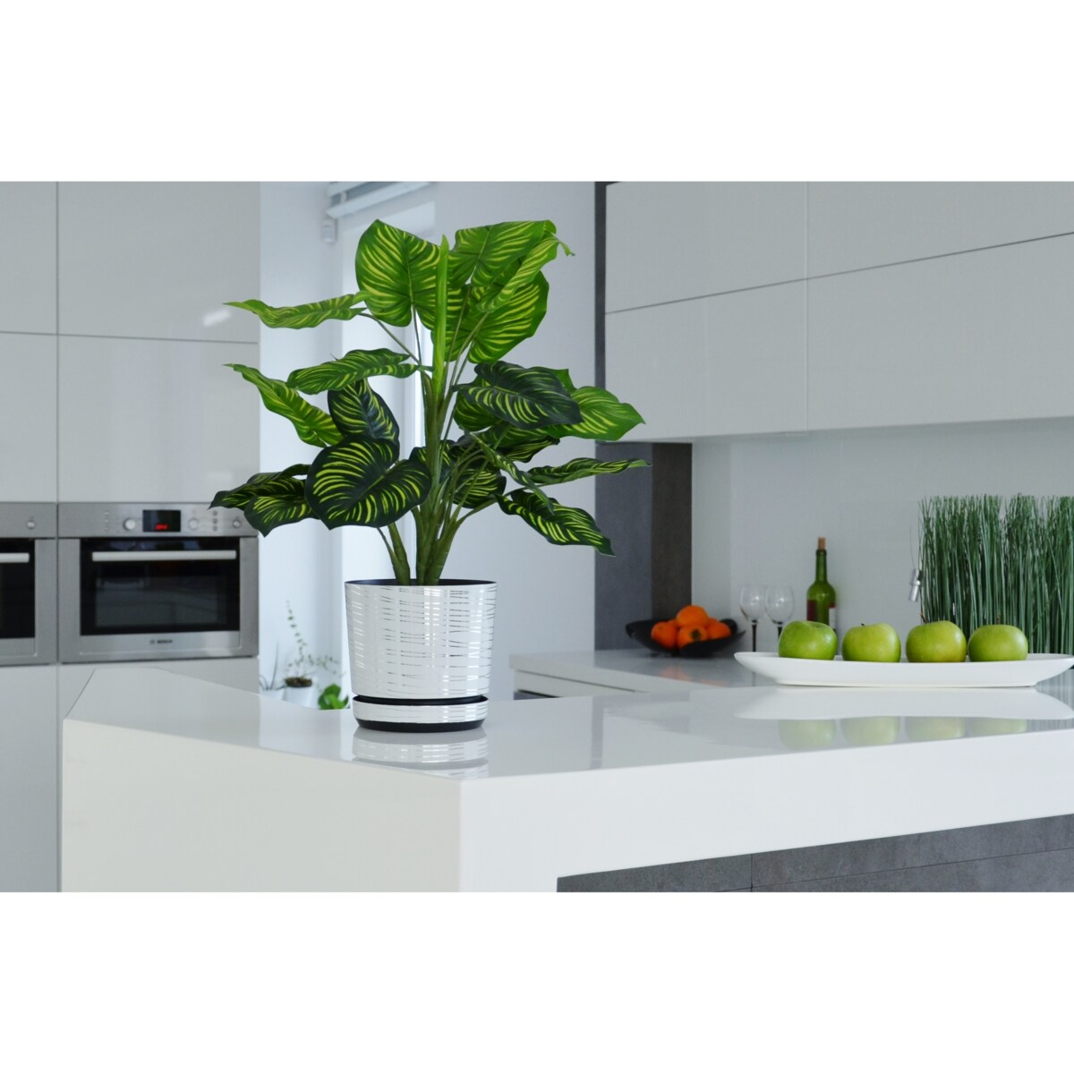 32 cm wzór BIAŁA ZE SREBRNĄ NITKĄ Doniczka z podstawką glamour lustrzane srebrne paski połysk duża donica