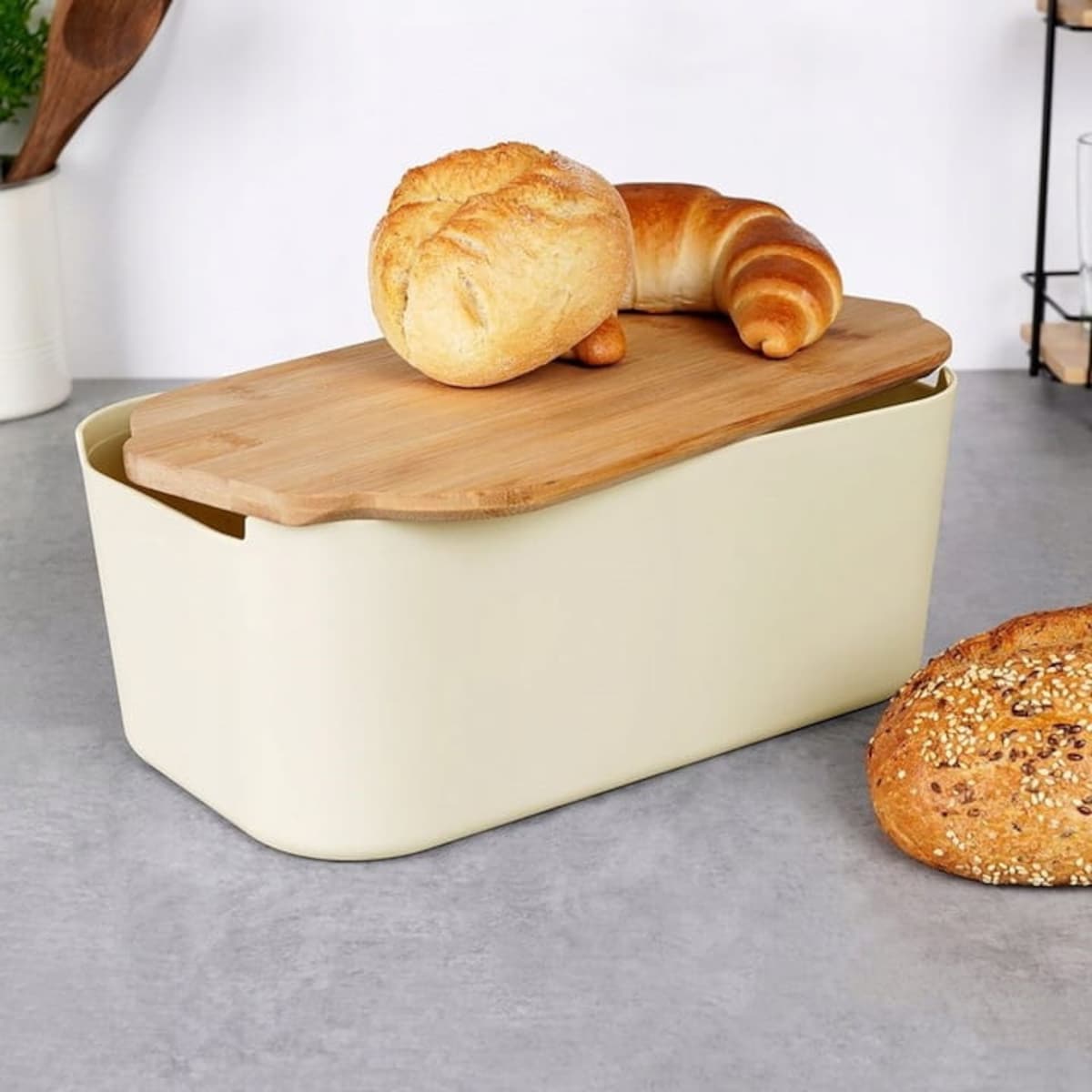 Kremowy Chlebak Pojemnik Box na Pieczywo Deska Bambusowa do Krojenia