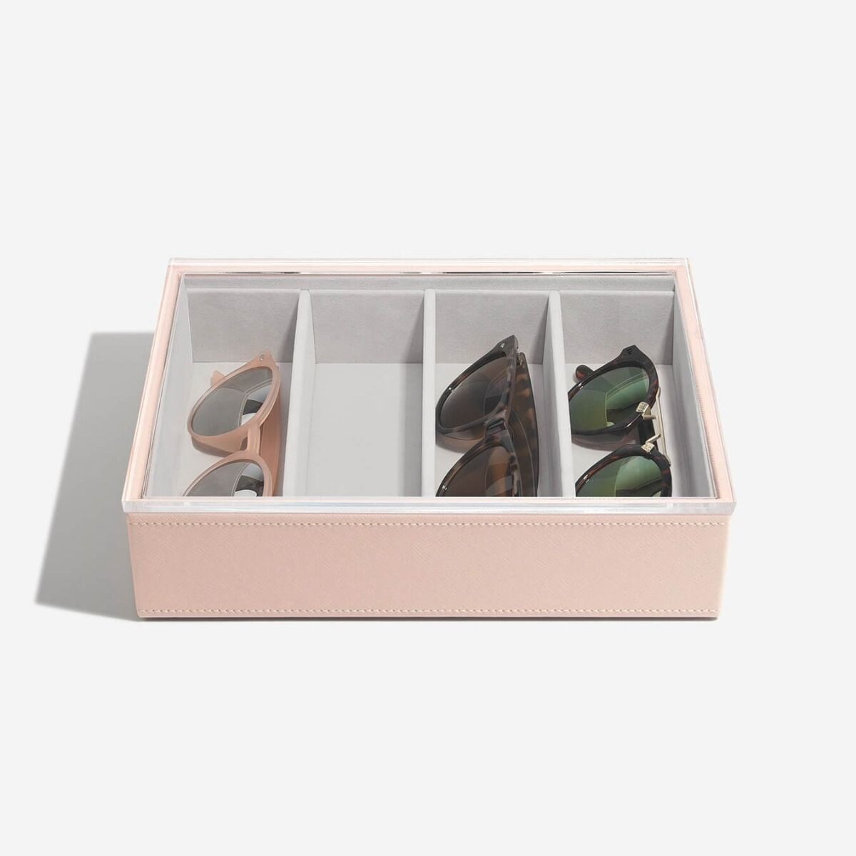 Pudełko na okulary Stackers Classic 4 komorowe różowe z akrylową pokrywką