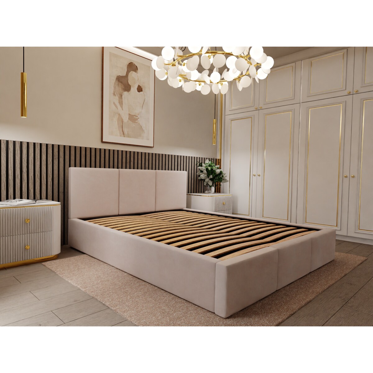 ŁÓŻKO TAPICEROWANE 160x200 ŁÓŻKO PODWÓJNE Z POJEMNIKIEM KREMOWE