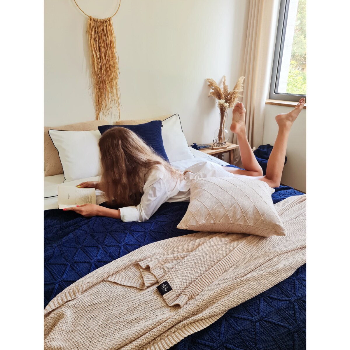 Pościel biała lamówka granatowa, 160 x 200 cm, La Manta