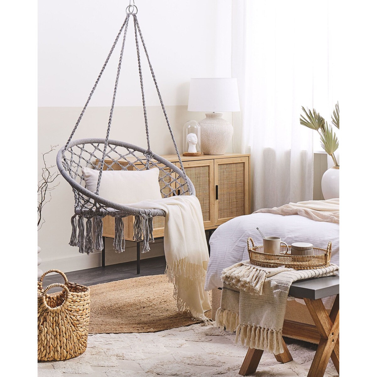 Fotel wiszący huśtawka makrama szary GABELLA