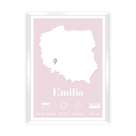 Metryczka The Map baby rose, 30x40