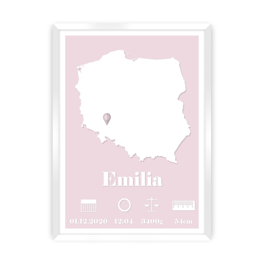 Metryczka The Map baby rose, 30x40