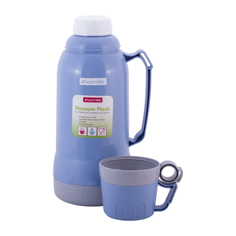 Termos ze szklanym wkładem uchwytem i kubeczkami 1.8L 3 kolory KAMILLE