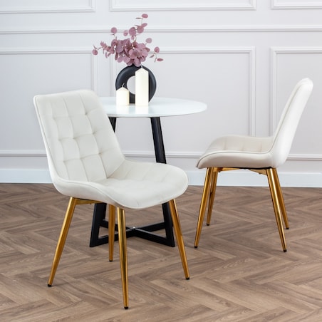 Krzesło tapicerowane welurowe beżowe pikowane glamour złote nogi