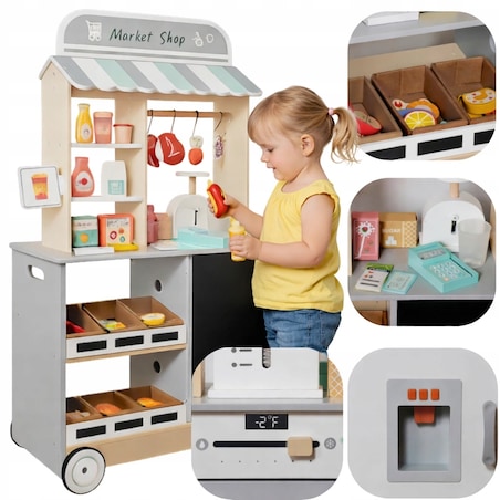 Duży drewniany sklep dla dzieci stragan z akcesoriami do zabawy - warzywniak supermarket XXL