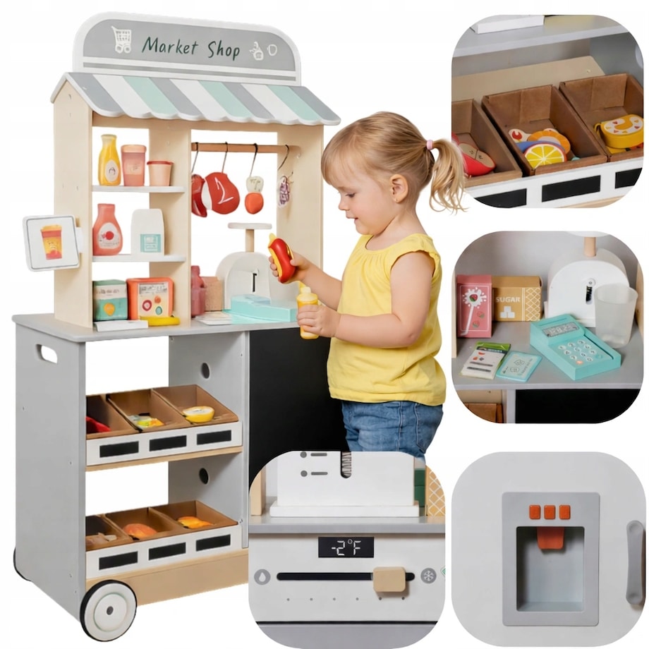 Duży drewniany sklep dla dzieci stragan z akcesoriami do zabawy - warzywniak supermarket XXL