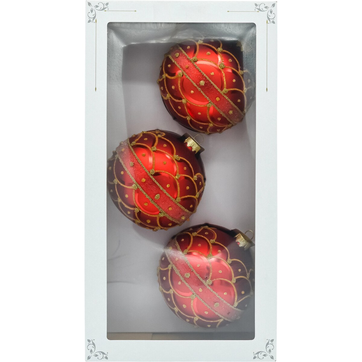 Bombki okrągłe czerwone ze złotą koronką